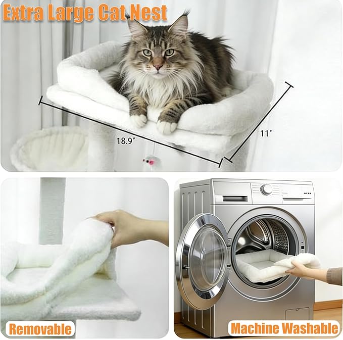 KAWHBET 68in Cat Tree,Cute Cat Tower Big Multi-Level Cat Tower for Large Cats with Removeable Cushion,Hammocks Sisal Scratching Posts,Condos,for to Play and Sleep Cat Tree for Indoor Cats (White)