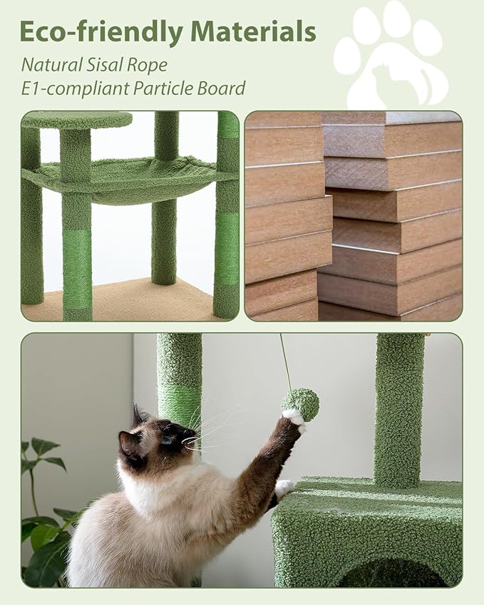 PEQULTI Cat Tree for Large Cats with Metal Frame Big Hammock, Cat Tower for Indoor Cats with 2 Door Condo House, [56.3"=143cm] Multi-Level Cat Shelves with Scratching Posts and Top Perch, Cactus Green