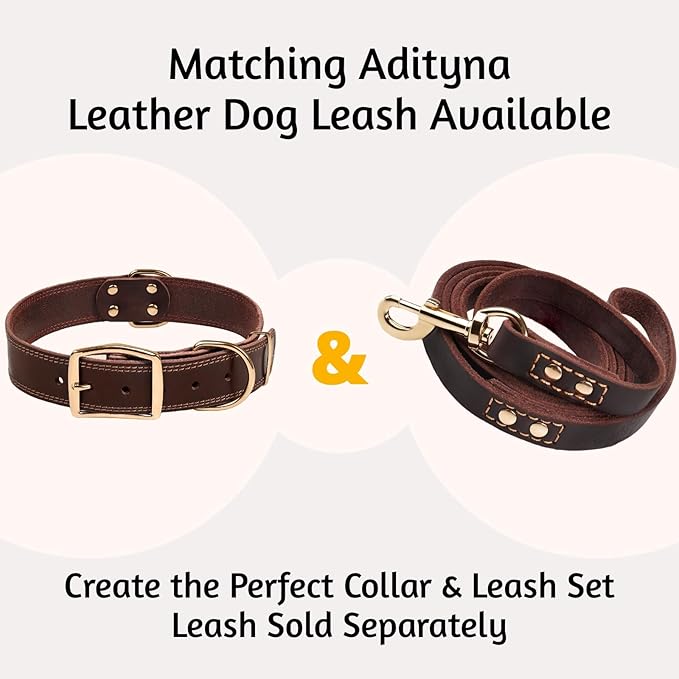 ADITYNA Heavy Duty Leather Dog Collar - Soft and Strong Leather Collar for Large Breeds (Large: Fit 17" - 23" Neck, Brown - Gold Colored Buckle)