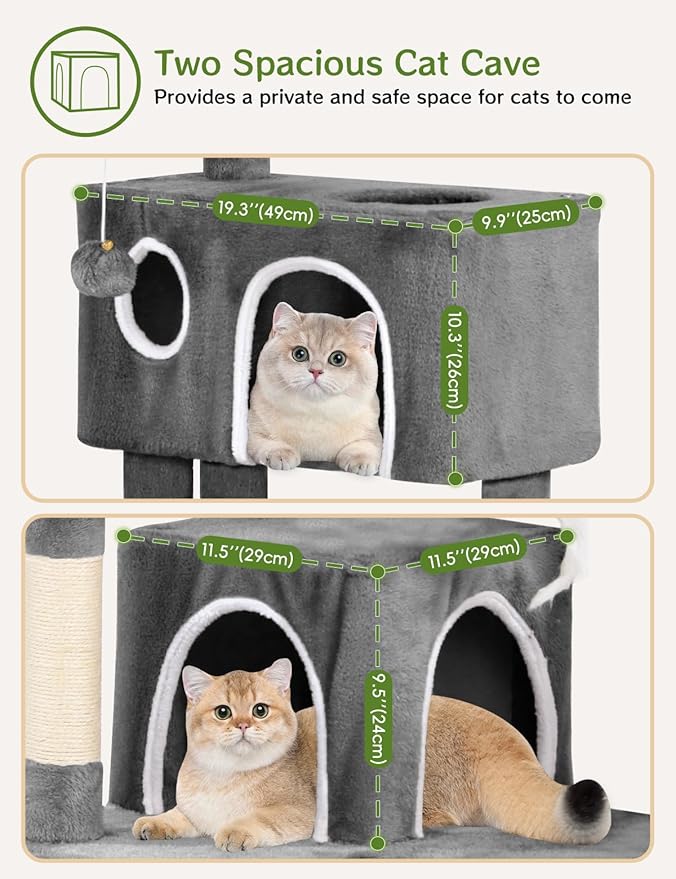 Cat Tree Tower 53 inch - Multi-Level Indoor Activity Center with Sisal Scratching Posts, Condo, Plush Perch & Hanging Toys for Large Cats (Black)