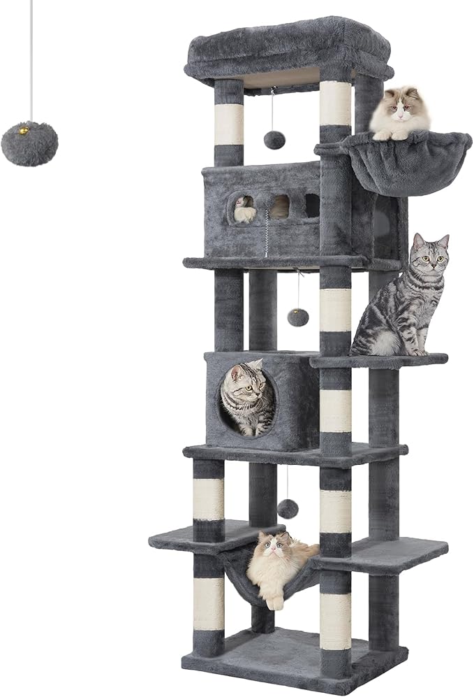 Cat Tree, 66.9" Large Cat Tower for Indoor Cats, Multi-Level Cat House with Condo, 8 Scratching Posts, Hammock, 4 Pom Poms, Dark Grey MS17018SG
