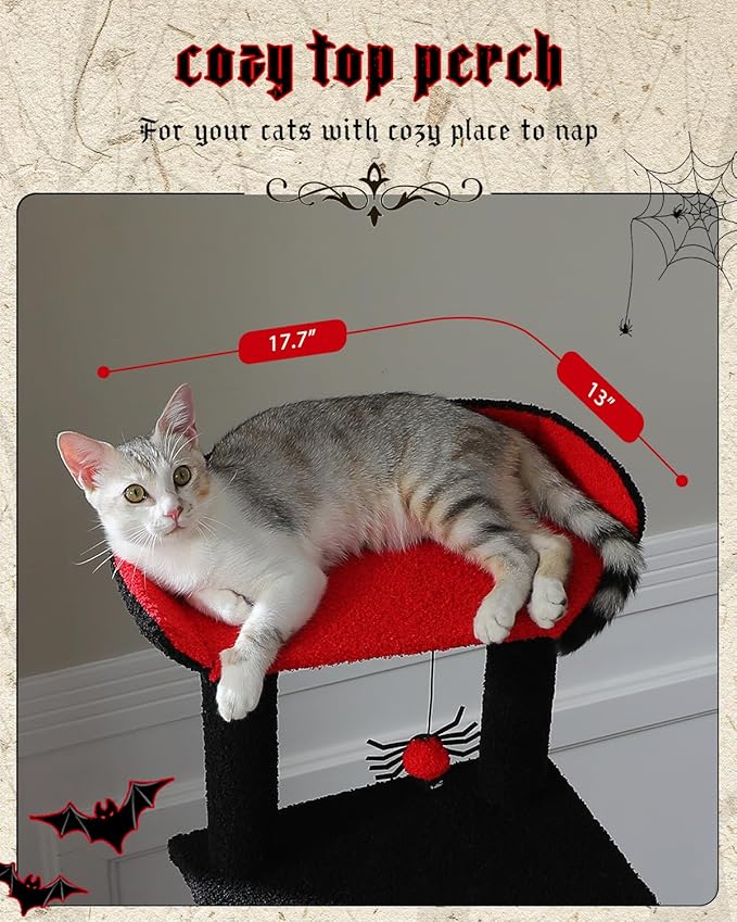 59" Gothic Cat Tree with Coffin Bed-Black Cat Tower for Indoor Cats with Spacious Cat Condo & Cozy Hammock, Spider Hanging Balls, Sisal Scratching Post and 2 Spooky Perches for Halloween