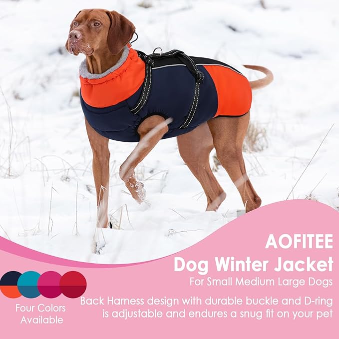 AOFITEE Dog Coat, Windproof Turtleneck Dog Jacket with Built in Harness, Reflective Dogs Jackets with Fleece Lining, Waterproof Pet Winter Coat for Cold Weather for Border Collie, Beagle, Blue XL