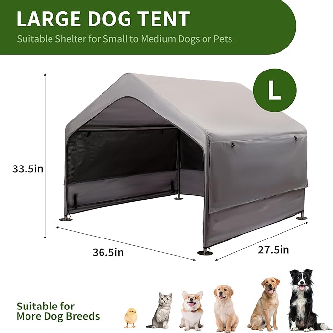Summertrail Dog House Outside, Dog Tent Outdoor, Dog Shade Shelter Doghouse Canopy with Three-Sided Breathable Mesh Windows, Gray Sun Rain Cover for Pet Cat Livestock（Large Size）