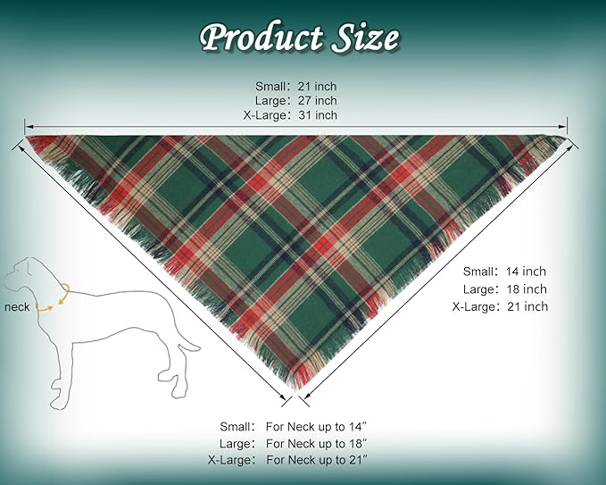Christmas Dog Bandanas 2PCS-XLarge,Holiday Scarf Two-Sided with Tassels Edges,Stylish Triangle Dog Outfit for Boy and Girl,Winter Christmas Classic Red Green Plaid Pet Costume for Extra Large Dogs
