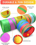 Bissap Rabbit Tunnel, 9.8'' Collapsible Bunny Tunnel and Tube 3 Ways Pet Hideout with 1 Play Ball for Indoor Kittens Dwarf Rabbit Bunny Guinea Pig Chinchilla Small Animal Activity Fun Toy (Rainbow)