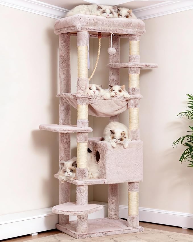 Heybly Cat Tree for Large Cats 20lbs Heavy Duty,60 inches XXL Cat Tower for Indoor Cats, Multi-Level Furniture Condo with Big Padded Plush Perch, Cozy Basket, Muchroom HCT050MU