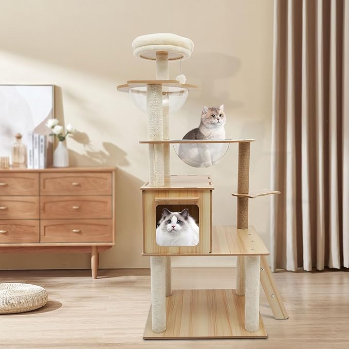 5 Tiers Cat Tree with Space Capsule and Hanging Swing Ball Multi-Level Cat Climbing Frame with Scratching Posts, Hammock, and Perch Modern Style for Indoor Kittens