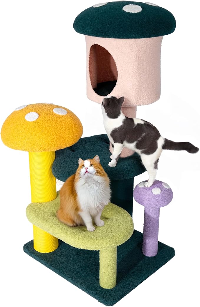 NUNU LAB Mushroom Cat Tree, Multi-Level Cat Tower, Mushroom Cat Scratching Post, Cute Cat Tower, with Cat Scratching Post, Cat Bed & Interactive Balls, for Indoor Cats (C-067, 26.8 * 22.8 * 55.1)