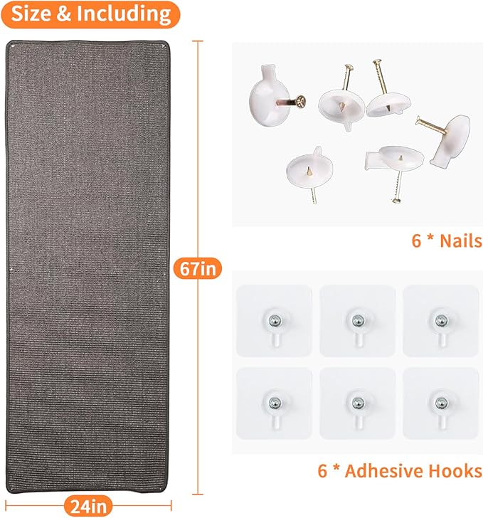 Extra Large Cat Wall Climbing Carpet, 67"X 24" Thickened &Tall Cat Scratch Pad with 8 Nails, Door Hanging Sisal Pet Scratcher Mat for Furniture Couch Sofa Protector(Grey)