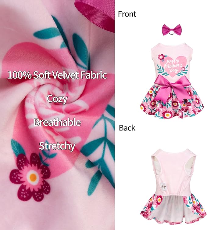CuteBone Happy Mother's Day Dog Dress Velvet for Small Dogs Girl Floral Skirt Pink Puppy Dresses Dog Clothes CVA22M-D