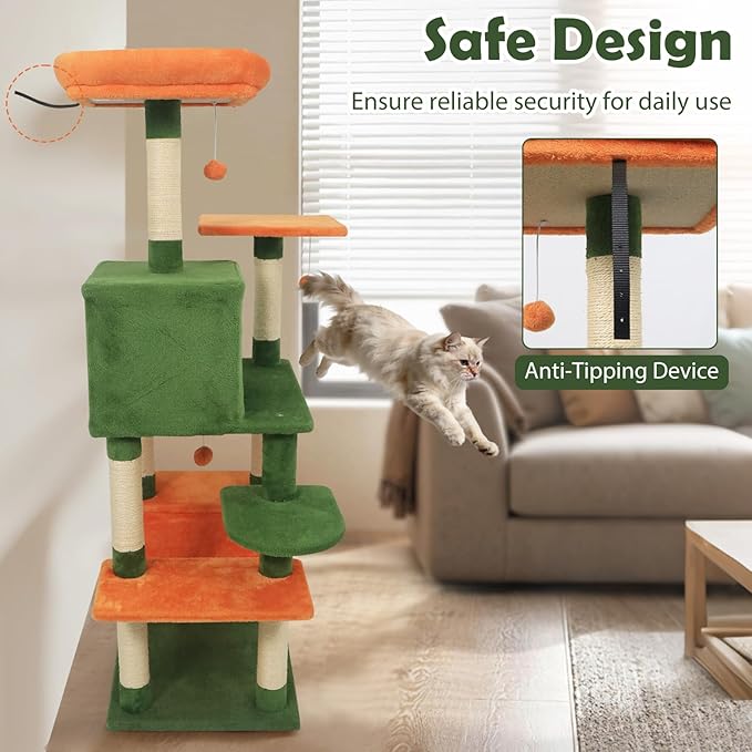 Tangkula 58 Inch Cat Tree Tower, Multi-Level Cat Tower with Sisal Scratching Posts, Padded Top Perch, Condo & Hammock, 3 Hanging Balls, Jumping Platforms for Indoor Cats (Green & Orange)