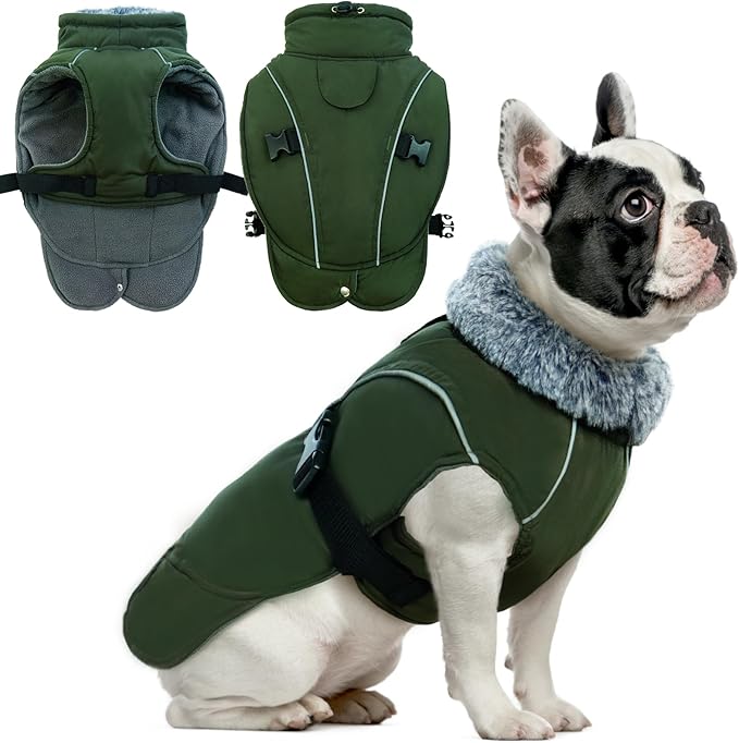 DENTRUN Winter Warm Dog Coat Reflective Jacket with Turtleneck for Cold Weather, Adjustable Buckle Windproof Water Repellent, Thick Snowsuit Fleece Vest for Small, Medium, Large Dogs, Green, S