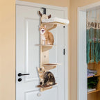 Door Hanging Cat Tree, 4 Tier Vertical Cats Climbing Frame, Door Mounted Cat Tree Tower with Plush Ball, Wooden Cats Climbing Rack for Stair, Foyer, Living Room, Bedroom, Pet Shop