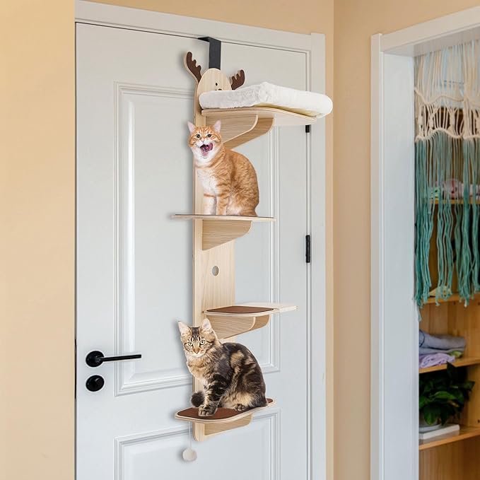 Door Hanging Cat Tree, 4 Tier Cat Tree Door Mounted Vertical Cat Climbing Scratching Frame Space-Saving Cats Shelf Multi Level Cats Ladder for Indoor 59" H X 9.8” W (with Cat Nest)