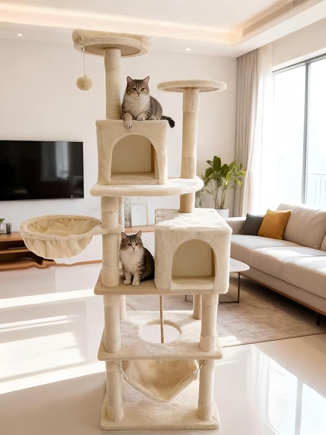 Cat Tree, 68-Inch Cat Tower for Indoor Cats, Plush Multi-Level Cat Condo with 7 Scratching Posts, 2 Perches, 2 Caves, Hammock (Beige)