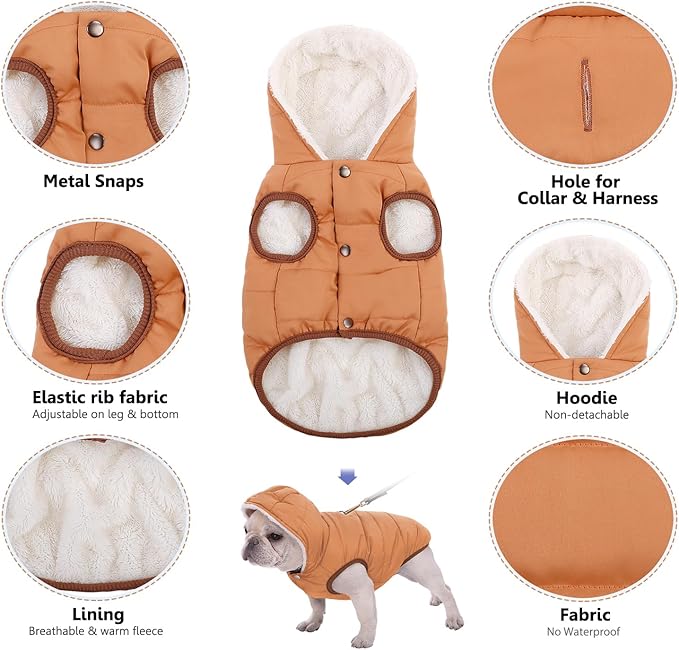 Dog Fleece Hoodie, Windproof Waterproof Dog Coat, Winter Warm Dogs Jacket, Cold Weather Pet Apparel Clothes Vest for Small Dogs Khaki, XS