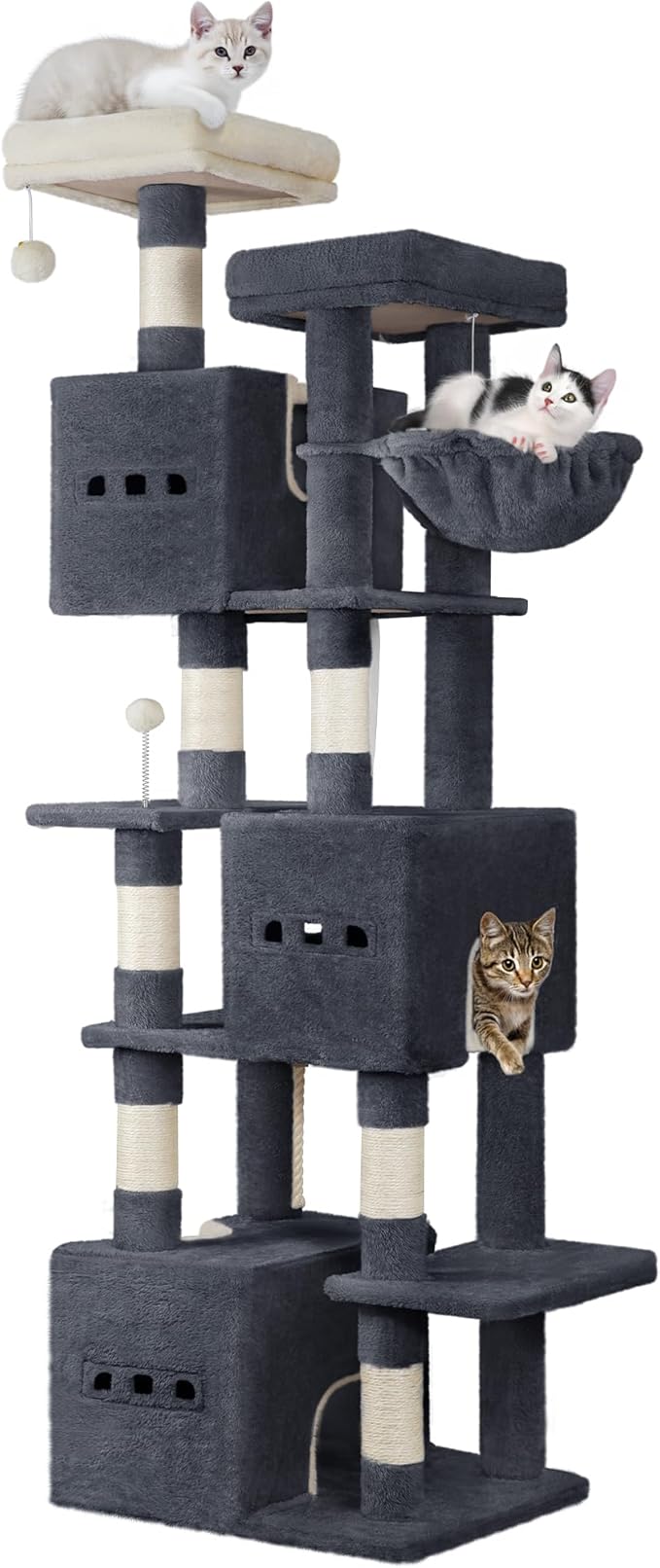 76" Cat Tree, Large Cat Tower for Indoor Cats, Multi-Level Cats House Furniture with 2 Platforms, 3 Condos, 7 Scratching Posts, 1 Basket, 3 Caves, Pompoms, Dark Grey MS19218SG