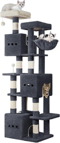 76" Cat Tree, Large Cat Tower for Indoor Cats, Multi-Level Cats House Furniture with 2 Platforms, 3 Condos, 7 Scratching Posts, 1 Basket, 3 Caves, Pompoms, Dark Grey MS19218SG