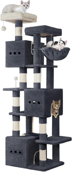 76" Cat Tree, Large Cat Tower for Indoor Cats, Multi-Level Cats House Furniture with 2 Platforms, 3 Condos, 7 Scratching Posts, 1 Basket, 3 Caves, Pompoms, Dark Grey MS19218SG