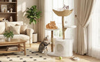 Multi-Level Cat Tree Tower with Bed, Wicker Basket & Condo - Wood Cat Scratching Post Furniture, Natural Pet Climbing Tree Stand for Large Cats