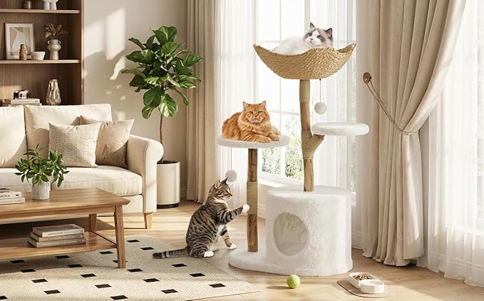 Multi-Level Cat Tree Tower with Bed, Wicker Basket & Condo - Wood Cat Scratching Post Furniture, Natural Pet Climbing Tree Stand for Large Cats