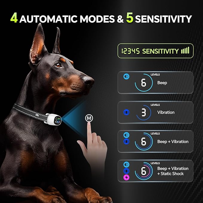 Dog Bark Collar with Remote – 2-in-1 Automatic & Manual Modes, Smart Anti Bark Dog Training Collar with Beep, Vibration & Shock, 330FT Range, IP67 Waterproof, Rechargeable (8-150lbs)