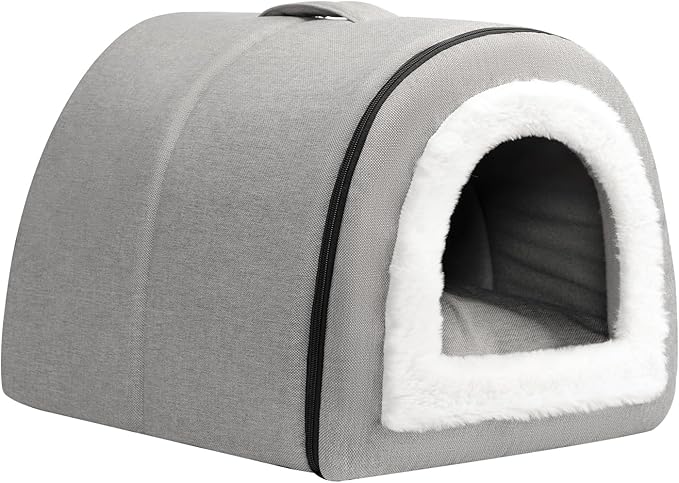 Hollypet Cat Bed Self-Warming 2 in 1 Foldable Kitty Cave Hut House Nest Pet Sleeping Bed, Linen Pet Condo for Indoor Cats, Gray Arched Cave
