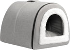 Hollypet Cat Bed Self-Warming 2 in 1 Foldable Kitty Cave Hut House Nest Pet Sleeping Bed, Linen Pet Condo for Indoor Cats, Gray Arched Cave