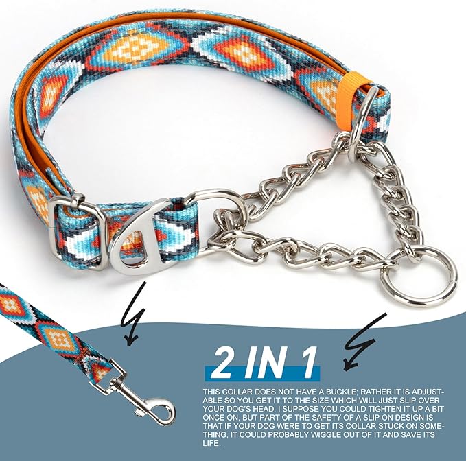 Martingale Dog Collar No Pull Adjustable - Choke Chain Collar with Metal Chain for Medium Large XL Dogs Comfortable Anti-Pull Training Collar, Tribal Pattern XL