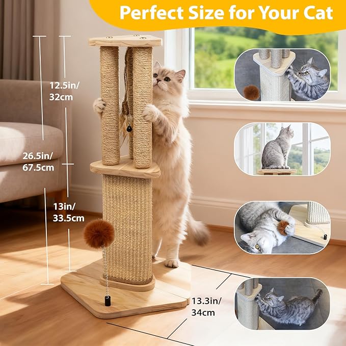 Sisal Cat Scratcher with Perch,26.5inch Wooden Cat Scratch Post,3 in 1 Scratching Cat Platform with Sisal Pad and Interactive Toy for Indoor Cats Use,Easy Assemble