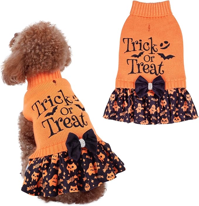 CuteBone Halloween Dog Sweater Dress Trick or Treat Knit Turtleneck Puppy Sweater with Bowtie Harness Hole Pullover Winter Dress for Medium Dogs