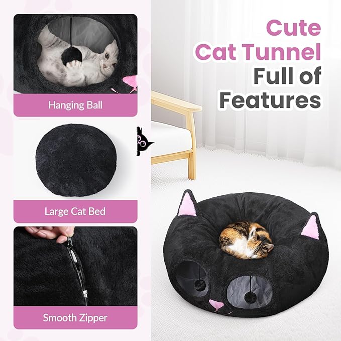 Baseola Cat Tunnel Bed for Indoor Cats, Peekaboo Cat Cave with Washable Soft Play Mat, Furry Cat Tube, for Kitten/Puppy/Rabbit, Kitten Series Black Pink