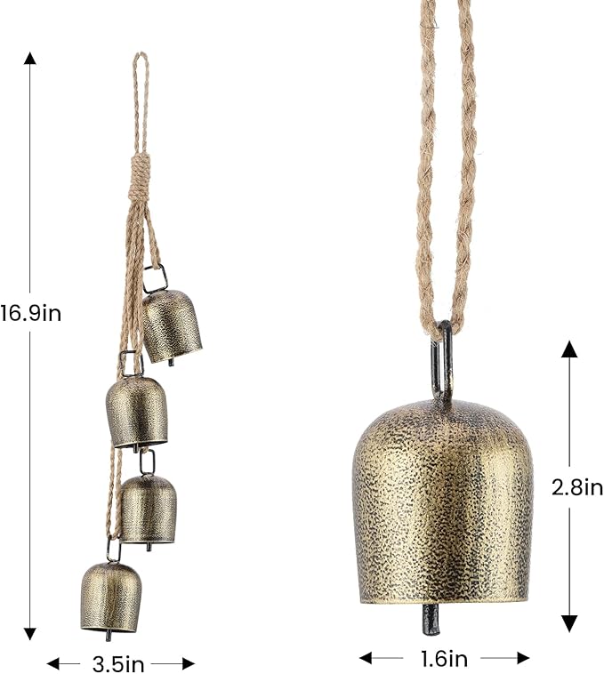 Christmas Bells,Vuskly Gold Bells Metal Hanging Bells with Jute Rope Christmas Bells for Decoration Vintage Ideal for Christmas Tree, Wreath,Party, Wedding Decorations1.6W x 20H