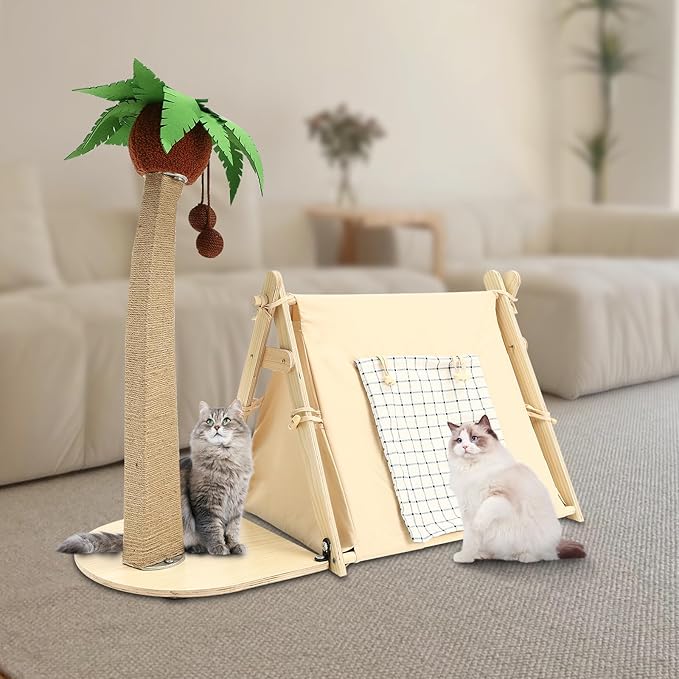 Cat Tree with Tent, 2-in-1 Cat Bed & Scratching Post, 29.5in Jute Coconut Tree with Hanging Toys, Large Cat Cave Bed 21.6x16.9in, Double-Sided Pad, Roll-up Curtain