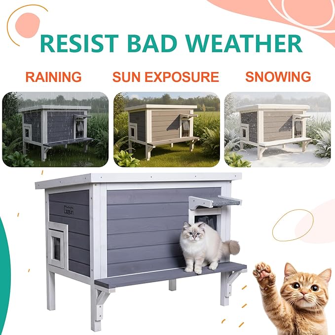 GEGURI Insulated Cat House Outdoor Weatherproof, Large Wooden Feral Cat Shelter for Winter, Wooden Enclosure with Escape Door for Winter Indoor