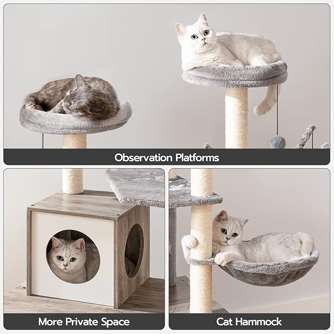 HOOBRO Cat Tree with Litter Box Enclosure, 27.6" L x 18.9" W x 52" H, All-in-One Wooden Cat Tower, Cat Furniture for Indoor Cats, Cat Condo with Hammock, Detachable Teaser Sticks, Greige BG14MZ03