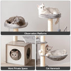 HOOBRO Cat Tree with Litter Box Enclosure, 27.6" L x 18.9" W x 52" H, All-in-One Wooden Cat Tower, Cat Furniture for Indoor Cats, Cat Condo with Hammock, Detachable Teaser Sticks, Greige BG14MZ03