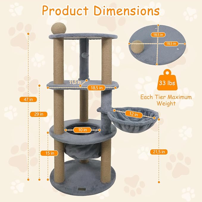 PETSITE Multi-Level Cat Tree, 47 Inches Tall with Jute Scratching Posts, Nest, Rotatable Cat Basket, Dangling Ball, and Top Scratching Ball, Ideal for Indoor Cats to Play and Rest