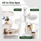 79in Tall Cat Tower for Heavy Duty Big Cats, Large Cat Tree with Scratching Post, Plush Perches, Cozy Cat Condos & Hanging Hammocks for Maine Coon, White