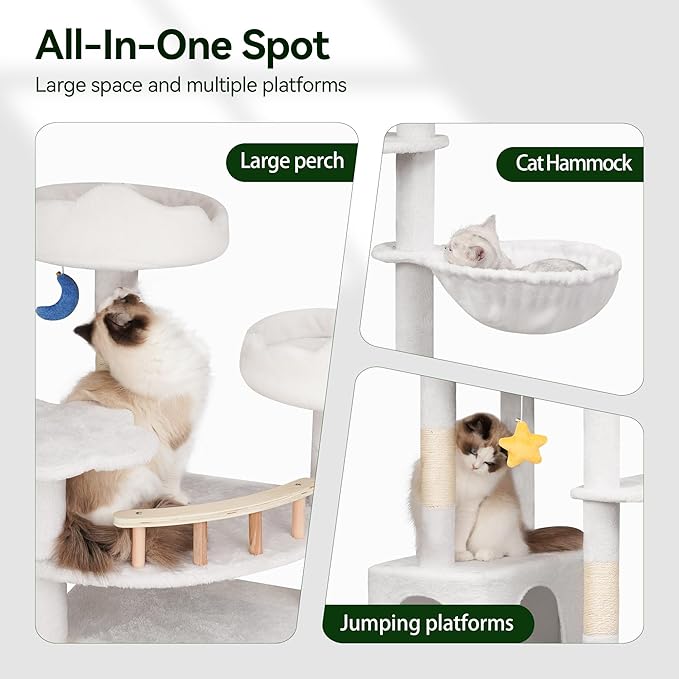 79in Tall Cat Tower for Heavy Duty Big Cats, Large Cat Tree with Scratching Post, Plush Perches, Cozy Cat Condos & Hanging Hammocks for Maine Coon, White