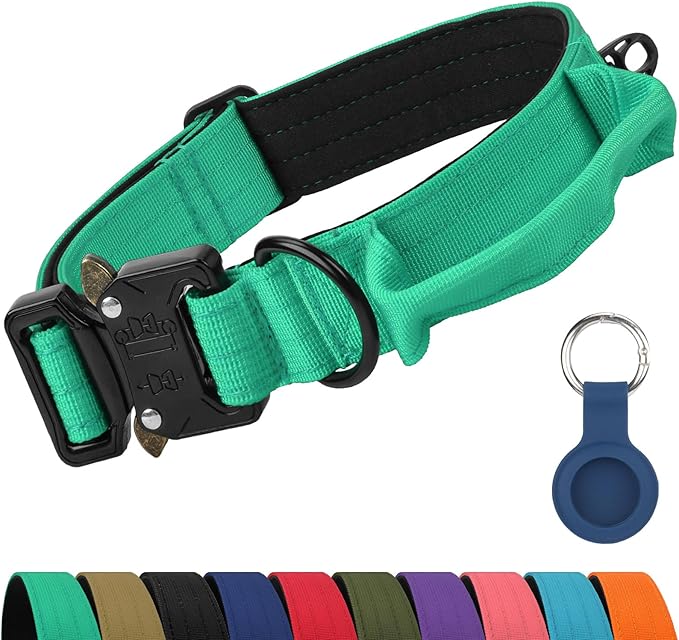 Joytale Tactical Dog Collar for Medium Dogs with Control Handle, Heavy Duty Military Training Collar for Power Breeds, AirTag Holder Case, Quick Release Metal Buckle, Soft Padded, M, Teal