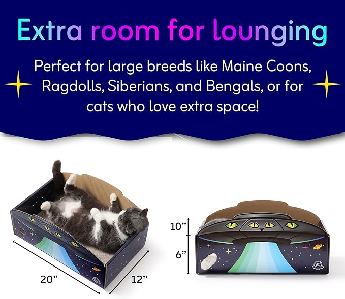 UFO Cat Scratcher Box for Indoor Cats, Extra Large 20" Cardboard Scratcher House with Reversible Pad, Enclosed Cat Lounge for Large Cats, 20 x 12 x 6 in