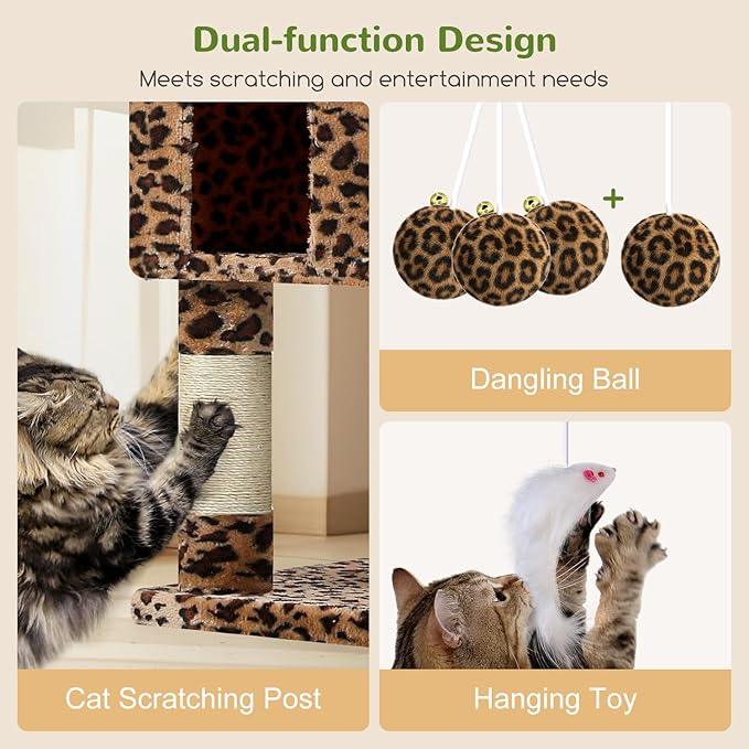Globlazer Cat Trees and Towers for Multiple Adult Cats, 82-inch XXL Tall Cat Tree Tower for Indoor Cats with Scratching Post, 3 Perches, 2 Condos, 2 Hanging Baskets, F82, Leopard Print