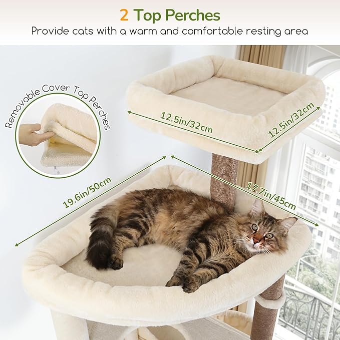 Globlazer Heavy Duty Cat Tree, 83 Inch Giant Cat Tower with 7 Scratching Posts, Multi-Level Large Cat Condo for Indoor Cats Large Adult, 2 Perchs, 3 Sturdy Hanging Baskets, Cat Toys, F83C, Beige