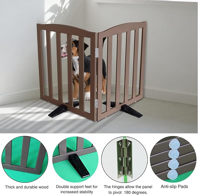 ZJSF Foldable Freestanding Indoor Dog Gate for House Wood Long Pet Gates Dog Fence for Stairs Puppy Gates for Hallways, Puppy Gate,Support Feet Included, Brown, 24 "Height-2 Panels