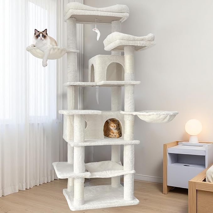 68" Beige Multi-Level Cat Tree with 6 Platforms, Cozy Condos, Hammocks & Sisal Scratching Posts for Indoor Cats