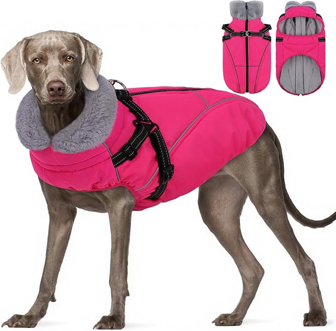XXL Dog Winter Coat, Dog Puffer Jacket with Harness Built in, Pet Windproof Cold Weather Vest with Zipper Dogs Snowsuit, Rose 2XL