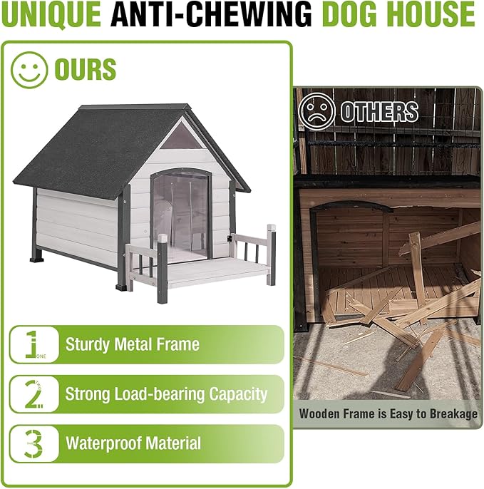 GUTINNEEN Dog House Outdoor with Anti-Bite Metal Frame, Dog Kennel with Porch and Weatherproof Roof for Small, Medium, Large Breeds, Puppy Home Indoor (White, 45’’ Medium)