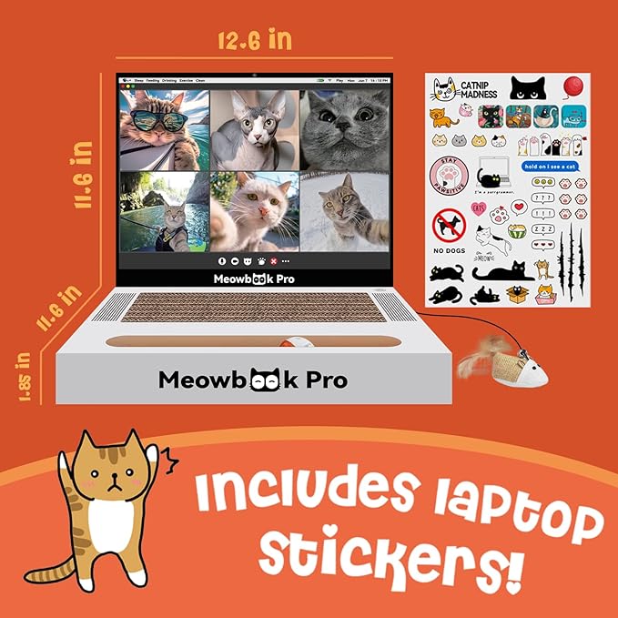 Cat Scratcher Laptop Cat Toy with 'Mouse' Jingle Ball, Stickers, 3-in-1 Cardboard Cat Interactive Toy, Kitten Cardboard Scratching Pad